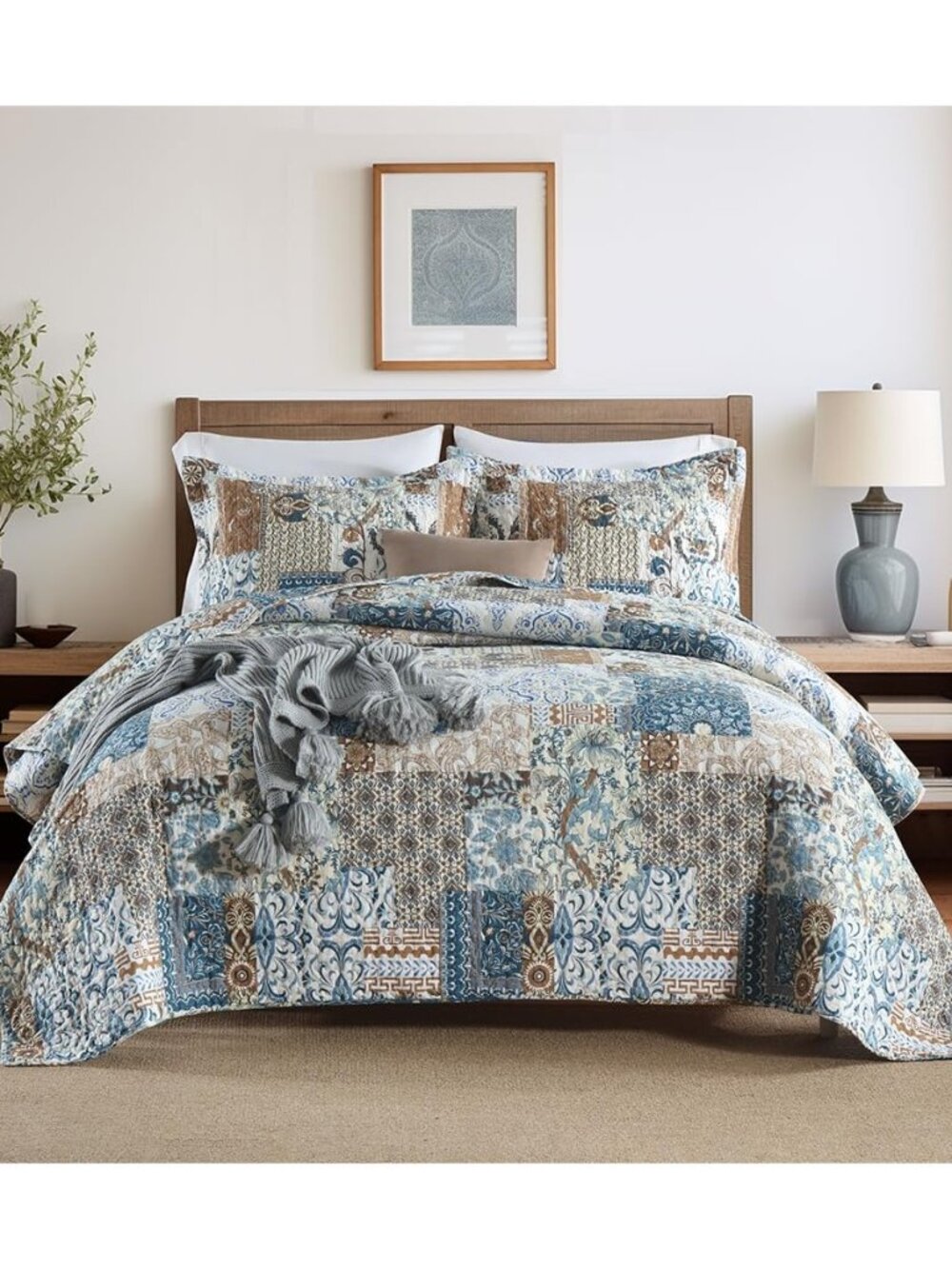 Bohemian Quilt Queen Size, Soft Cotton Bedspread with 2 Shams, Lightweight